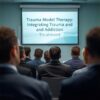 A professional, calming image of a diverse group of mental health professionals in a seminar setting, with a presenter at the front and a projected slide reading “Trauma Model Therapy: Integrating Trauma and Addiction Treatment.” The background includes soft blue and green tones, evoking a sense of healing and learning.